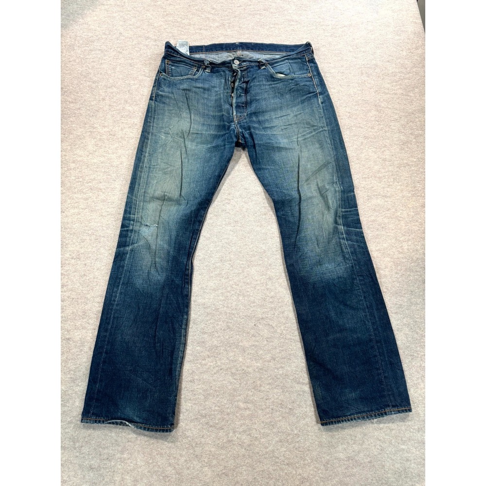 Levis 501 Jeans Men 36x32 Blue Whisker Denim Cotton Dark Wash Logo Straight Leg